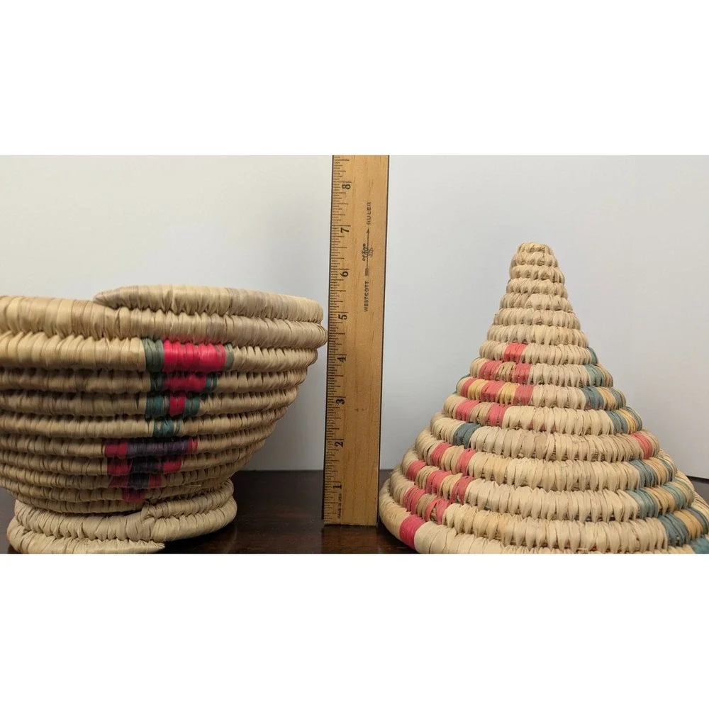 Handwoven Lidded Coiled Grass Basket Southwest Storage Decor 10in Multicolor